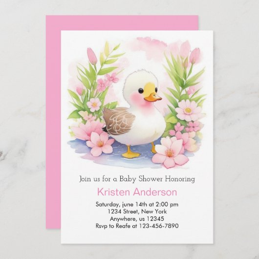 Whimsical Roze Eend Waterverf Meisje Baby shower Kaart (Voorkant / Achterkant)