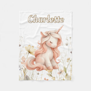Whimsical roze eenhoorn wilde bloem fleece deken