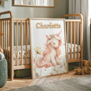 Whimsical roze eenhoorn wilde bloem poster