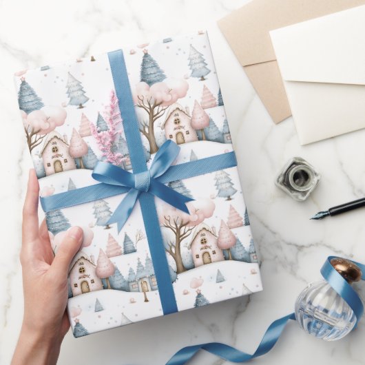 Whimsical Roze en Blauw Kerstdorp Gift Cadeaupapier (Geschenken)