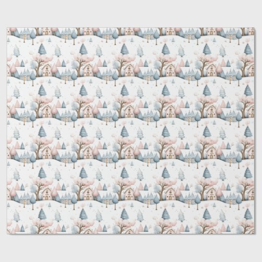 Whimsical Roze en Blauw Kerstdorp Gift Cadeaupapier (Vlak)