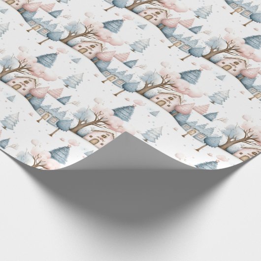 Whimsical Roze en Blauw Kerstdorp Gift Cadeaupapier (Hoek)