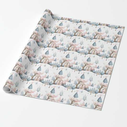 Whimsical Roze en Blauw Kerstdorp Gift Cadeaupapier (Uitgerold)