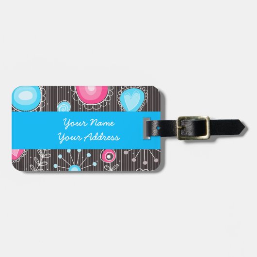 Whimsical roze en blauwe harten en bloemen bagagelabel (Voorkant horizontaal)