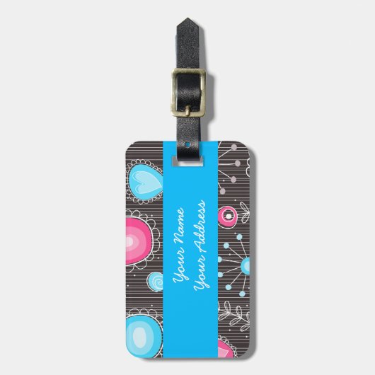 Whimsical roze en blauwe harten en bloemen bagagelabel (Voorkant verticaal)