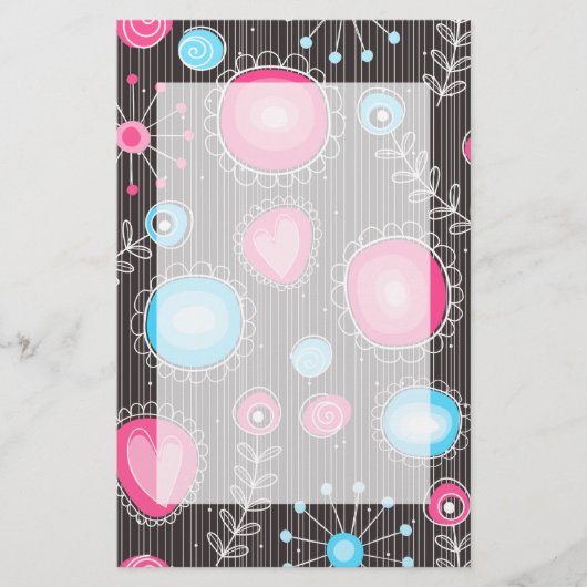 Whimsical roze en blauwe harten en bloemen briefpapier (Voorkant)