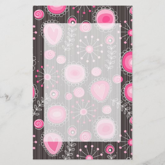 Whimsical roze en blauwe harten en bloemen briefpapier (Voorkant)
