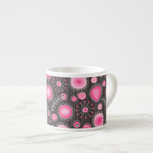 Whimsical roze en blauwe harten en bloemen espresso kop (Voorkant rechts)