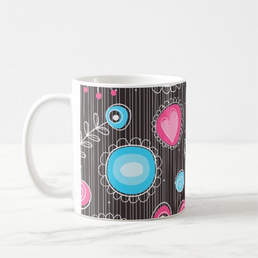 Whimsical roze en blauwe harten en bloemen koffiemok (Links)