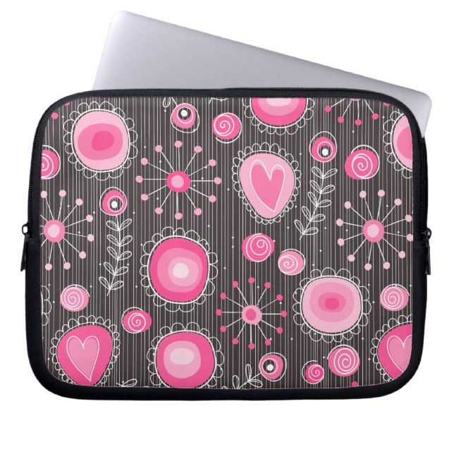 Whimsical roze en blauwe harten en bloemen laptop sleeve (Voorkant)