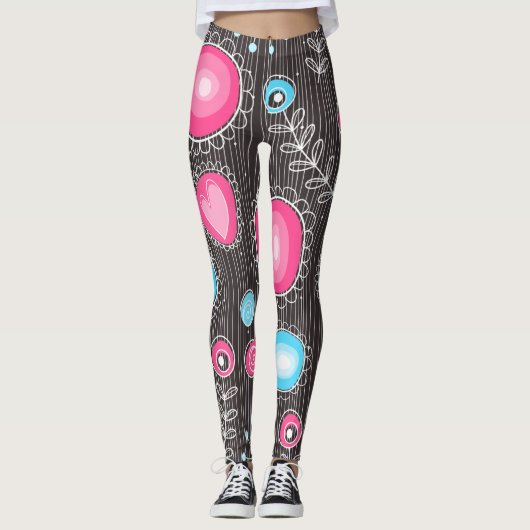 Whimsical roze en blauwe harten en bloemen leggings (Voorkant)