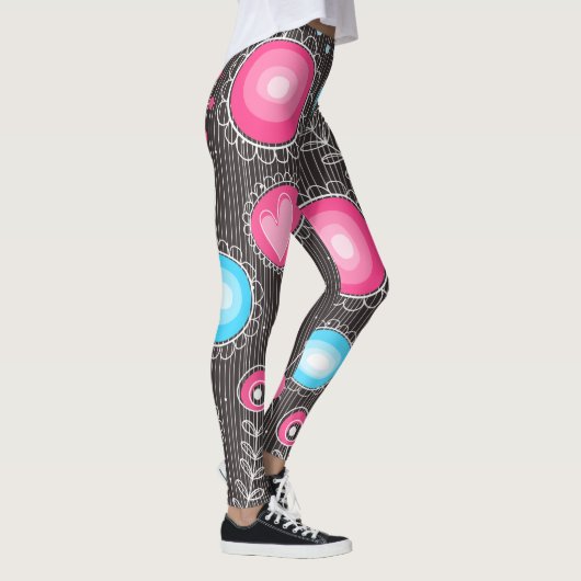 Whimsical roze en blauwe harten en bloemen leggings (Rechts)