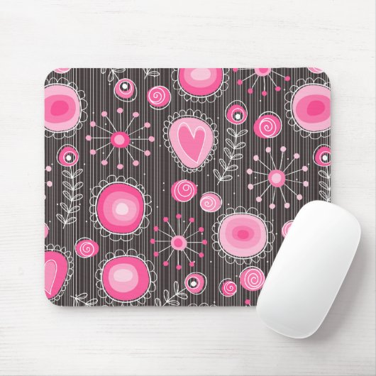 Whimsical roze en blauwe harten en bloemen muismat (Met muis)