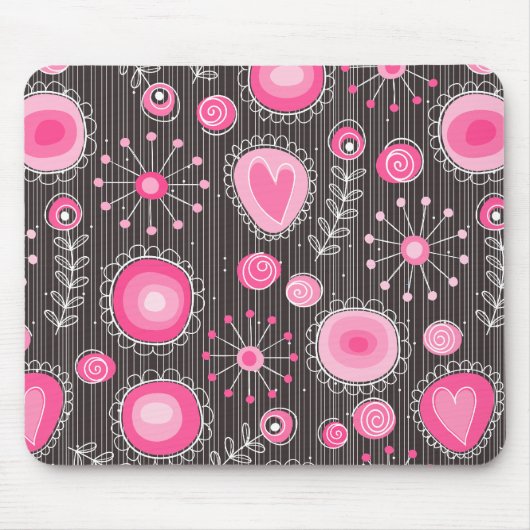 Whimsical roze en blauwe harten en bloemen muismat (Voorkant)