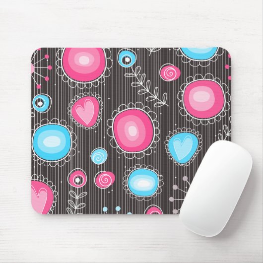 Whimsical roze en blauwe harten en bloemen muismat (Met muis)