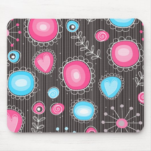 Whimsical roze en blauwe harten en bloemen muismat (Voorkant)