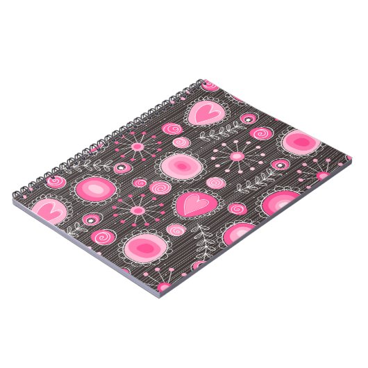 Whimsical roze en blauwe harten en bloemen notitieboek (Linkerzijde)