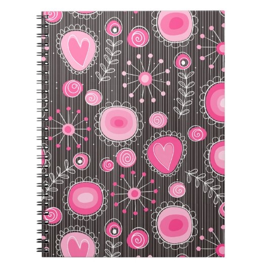 Whimsical roze en blauwe harten en bloemen notitieboek (Voorkant)