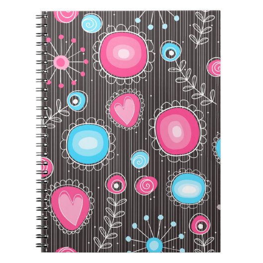 Whimsical roze en blauwe harten en bloemen notitieboek (Voorkant)