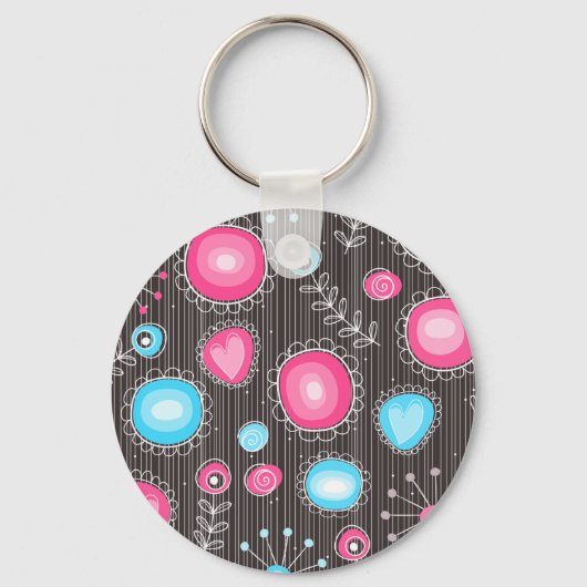 Whimsical roze en blauwe harten en bloemen sleutelhanger (Voorkant)