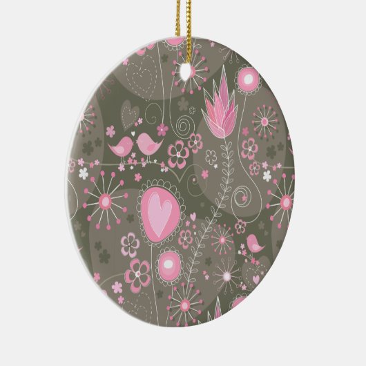 Whimsical Roze en Grijze Harten, Vogels en Bloemen Keramisch Ornament (Rechts)