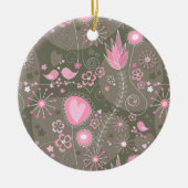 Whimsical Roze en Grijze Harten, Vogels en Bloemen Keramisch Ornament (Voorkant)