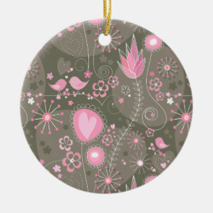 Whimsical Roze en Grijze Harten, Vogels en Bloemen Keramisch Ornament