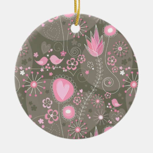 Whimsical Roze en Grijze Harten, Vogels en Bloemen Keramisch Ornament (Voorkant)