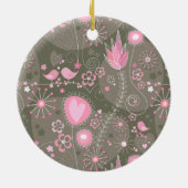 Whimsical Roze en Grijze Harten, Vogels en Bloemen Keramisch Ornament (Achterkant)