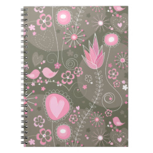 Whimsical Roze en Grijze Harten, Vogels en Bloemen Notitieboek