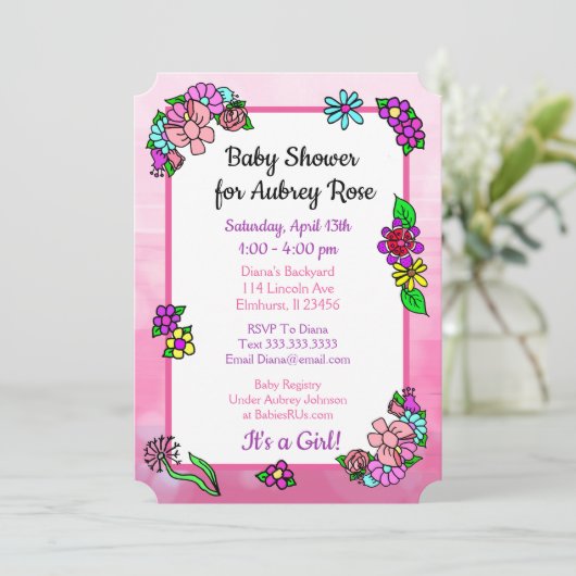 Whimsical Roze en Paarse Bloemen Baby shower Kaart (Staand voorkant)