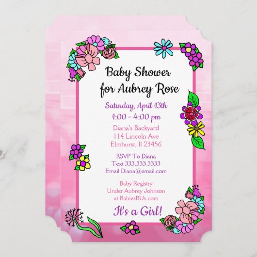 Whimsical Roze en Paarse Bloemen Baby shower Kaart (Voorkant / Achterkant)