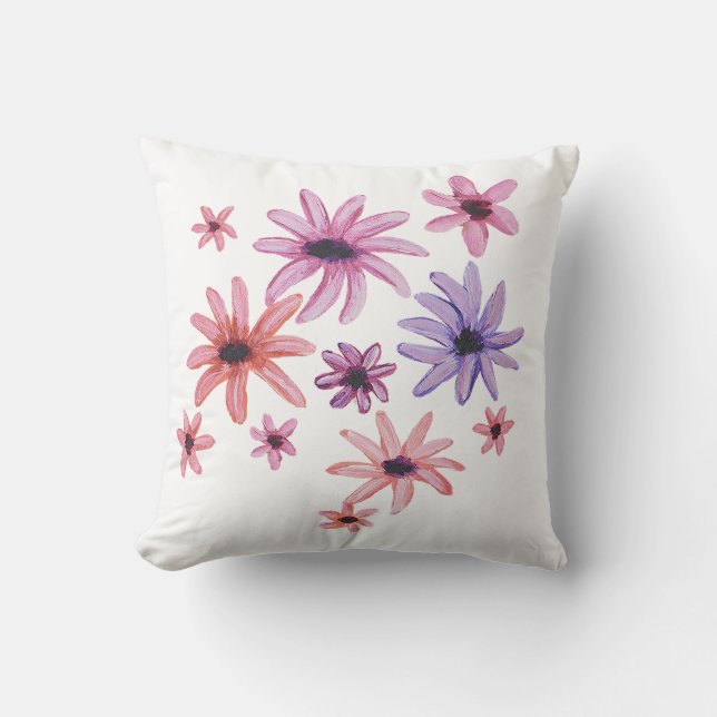 Whimsical roze en paarse bloemen kussen (Voorkant)