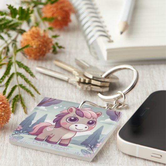 Whimsical Roze en Paarse Pony Charm Keeper Sleutelhanger (Voorkant Rechts)
