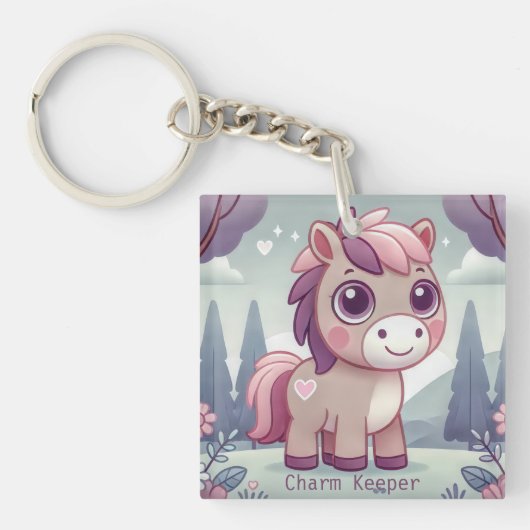 Whimsical Roze en Paarse Pony Charm Keeper Sleutelhanger (Voorkant)