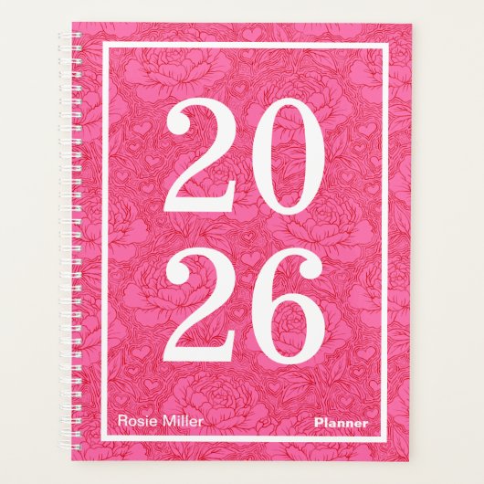 Whimsical Roze en Rode Pioenrozen Kordaat Planner (Voorkant)