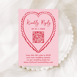 Whimsical roze en rood hart QR-code trouwkaart RSVP Kaartje