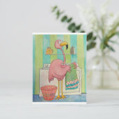 Whimsical roze flamingo doet wasgoed briefkaart (Staand voorkant)