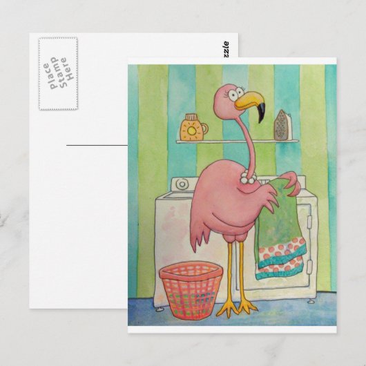 Whimsical roze flamingo doet wasgoed briefkaart (Voorkant / Achterkant)