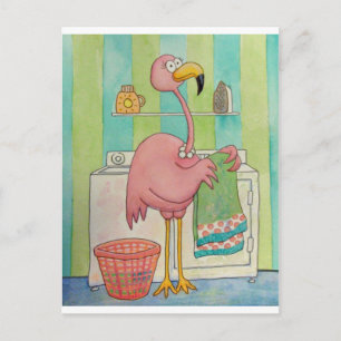 Whimsical roze flamingo doet wasgoed briefkaart