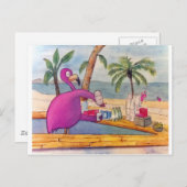 Whimsical roze Flamingo Pours Party Drinken Beach Briefkaart (Voorkant / Achterkant)