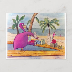 Whimsical roze Flamingo Pours Party Drinken Beach Briefkaart