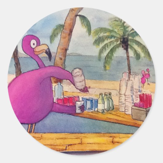 Whimsical roze Flamingo Pours Party Drinken Beach Ronde Sticker (Voorkant)