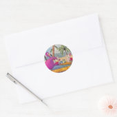 Whimsical roze Flamingo Pours Party Drinken Beach Ronde Sticker (Envelop)