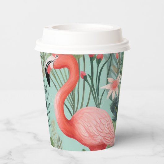 Whimsical Roze Flamino Cups w / Lid Papieren Bekers (Achterkant)