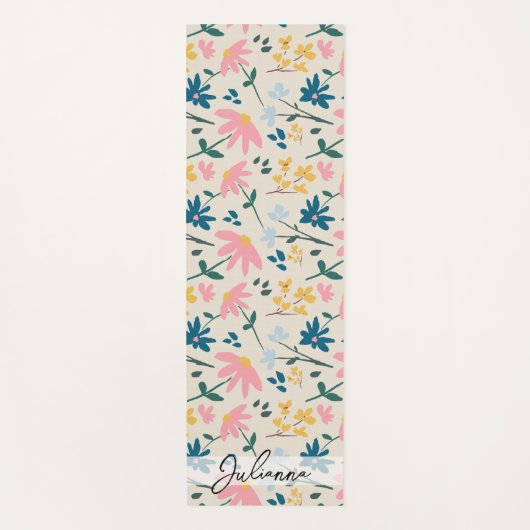 Whimsical roze geel bloemmotief gepersonaliseerd yogamat (Voorkant)