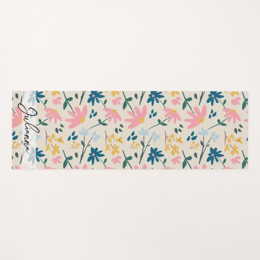 Whimsical roze geel bloemmotief gepersonaliseerd yogamat (Voorkant (horizontaal))