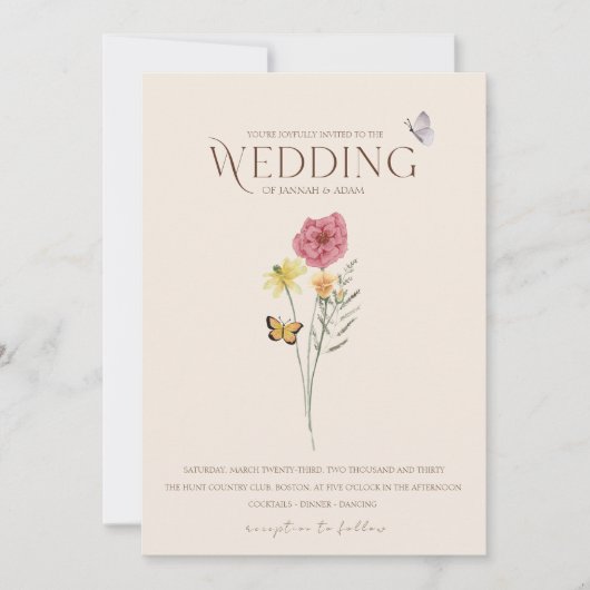 Whimsical Roze Geel Wildflower Vlinder bruiloft Kaart (Voorkant)