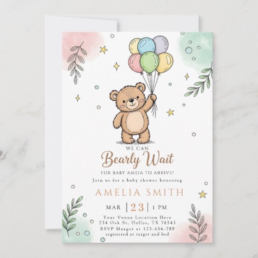 Whimsical roze gele teddybeer babyshower kaart (Voorkant)