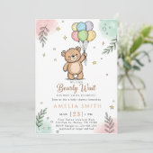 Whimsical roze gele teddybeer babyshower kaart (Staand voorkant)